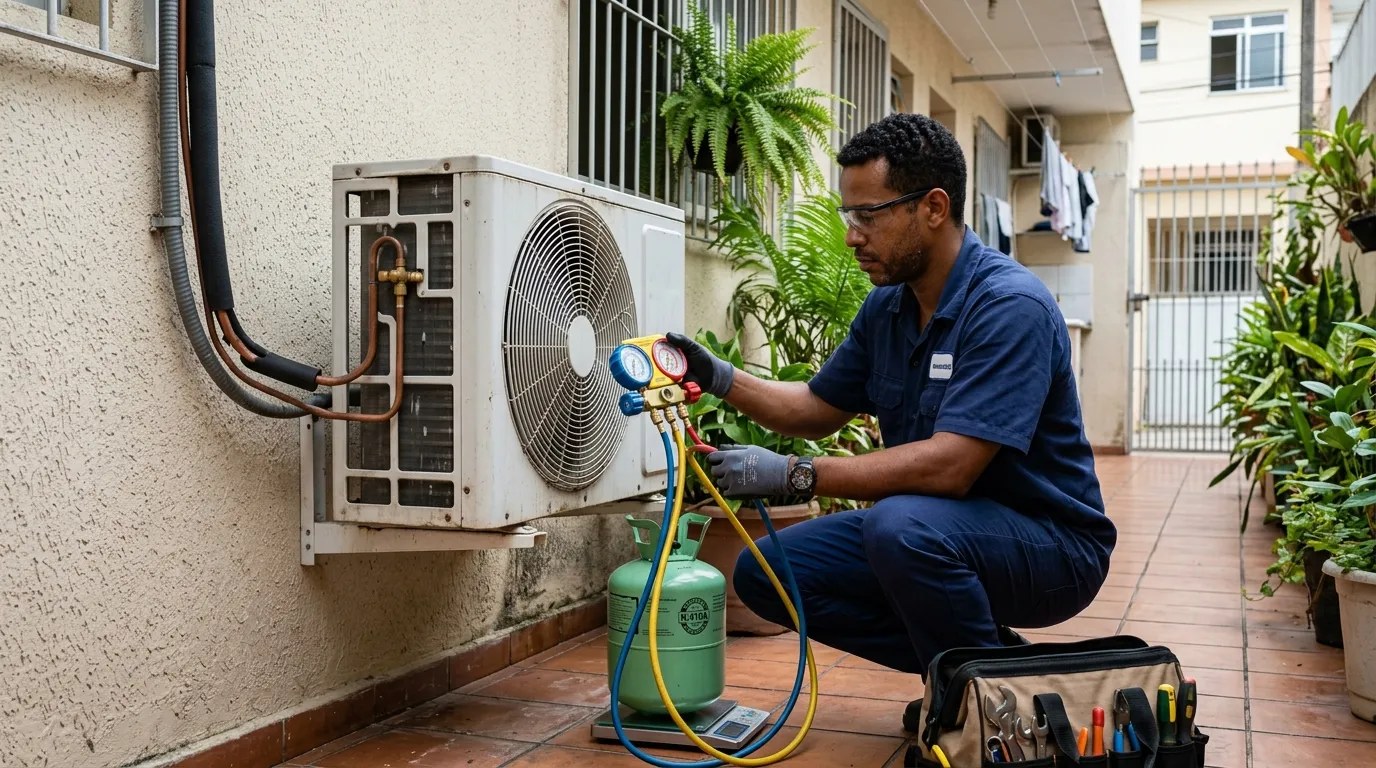 Técnico fazendo carga de gás na condensadora do ar-condicionado em Anápolis‑GO