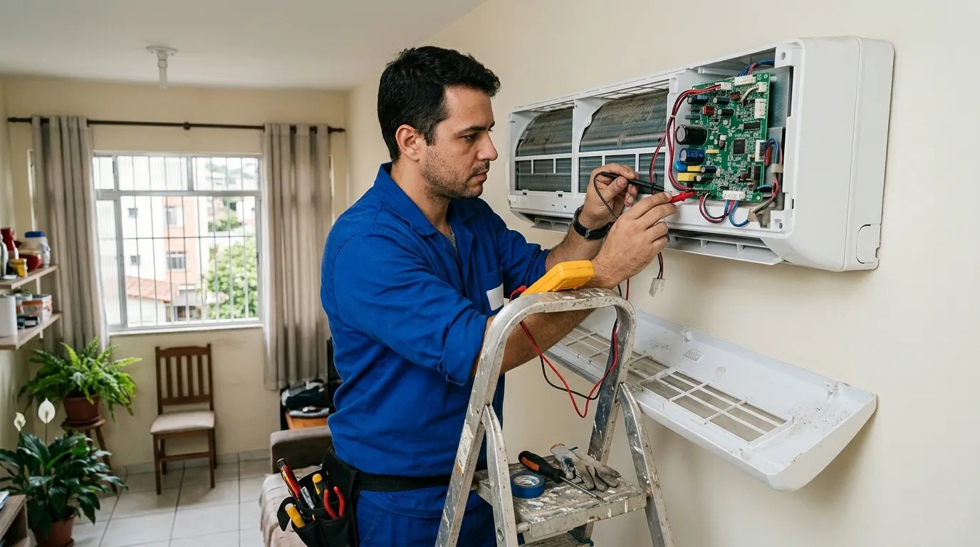 Técnico trocando a placa eletrônica de ar-condicionado split em Anápolis‑GO