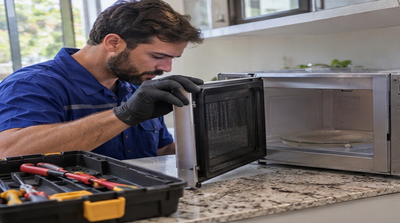 Conserto de micro-ondas em Anápolis‑GO: técnico abrindo um micro-ondas de bancada