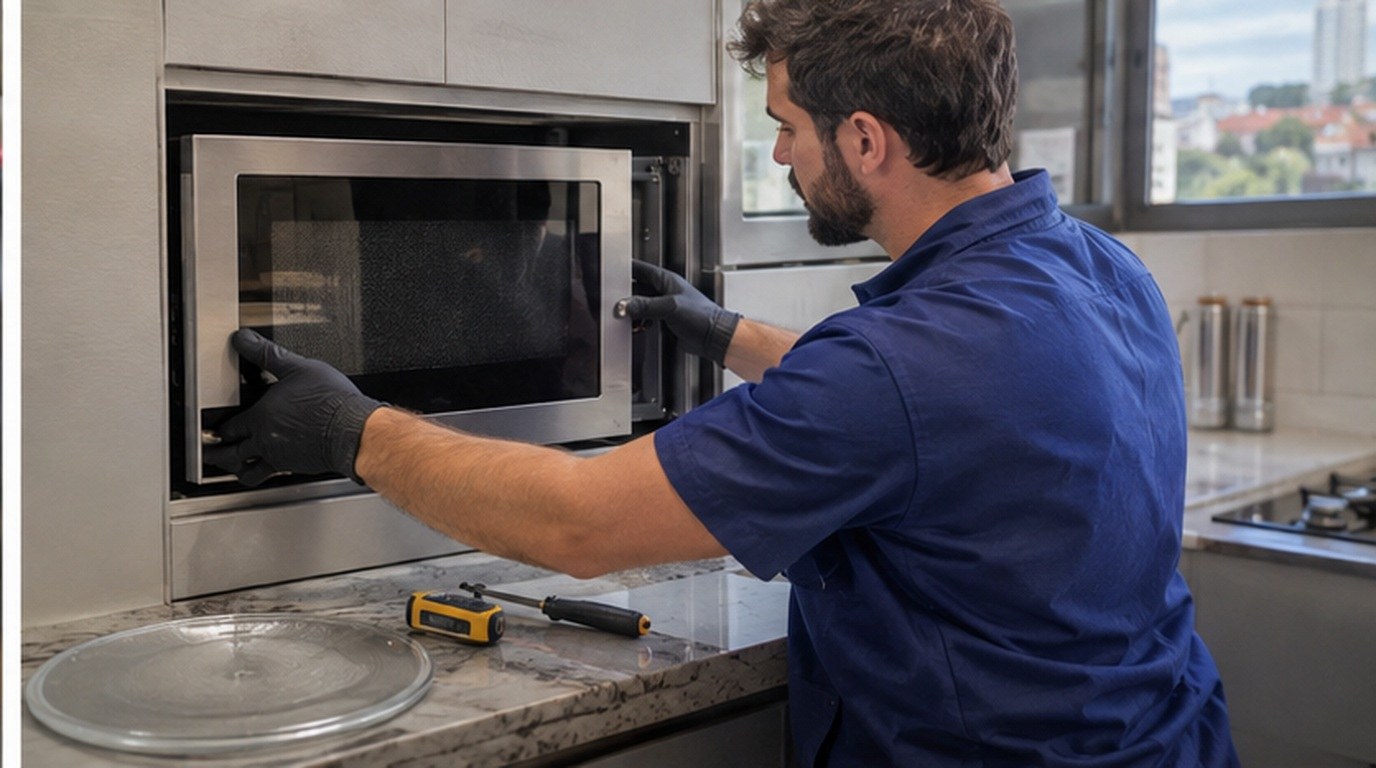 Conserto de micro-ondas de embutir em Anápolis‑GO: técnico encaixando o aparelho no armário