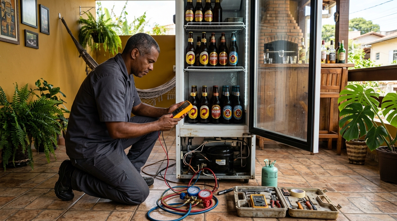 Placa eletrônica de cervejeira em reparo na bancada no Conjunto Eldorado, Anápolis‑GO