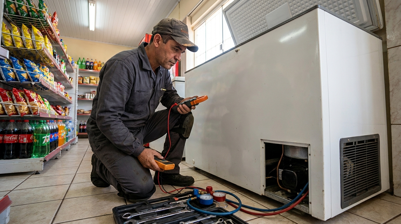 Reparo da placa eletrônica de um freezer em atendimento no Dom Pedro II, Anápolis‑GO