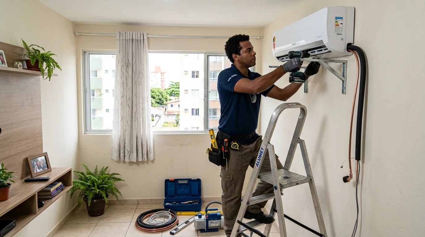 Técnico instalando ar-condicionado split em residência em Anápolis‑GO