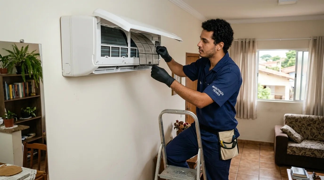 Técnico fazendo limpeza e higienização de ar-condicionado split em Anápolis‑GO