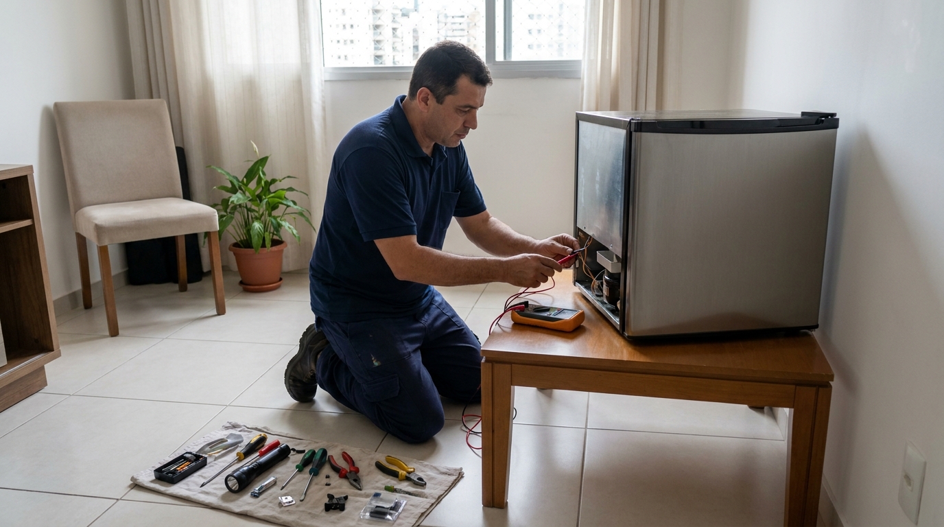 Técnico revisando o motor de um frigobar na Boa Vista, Anápolis‑GO