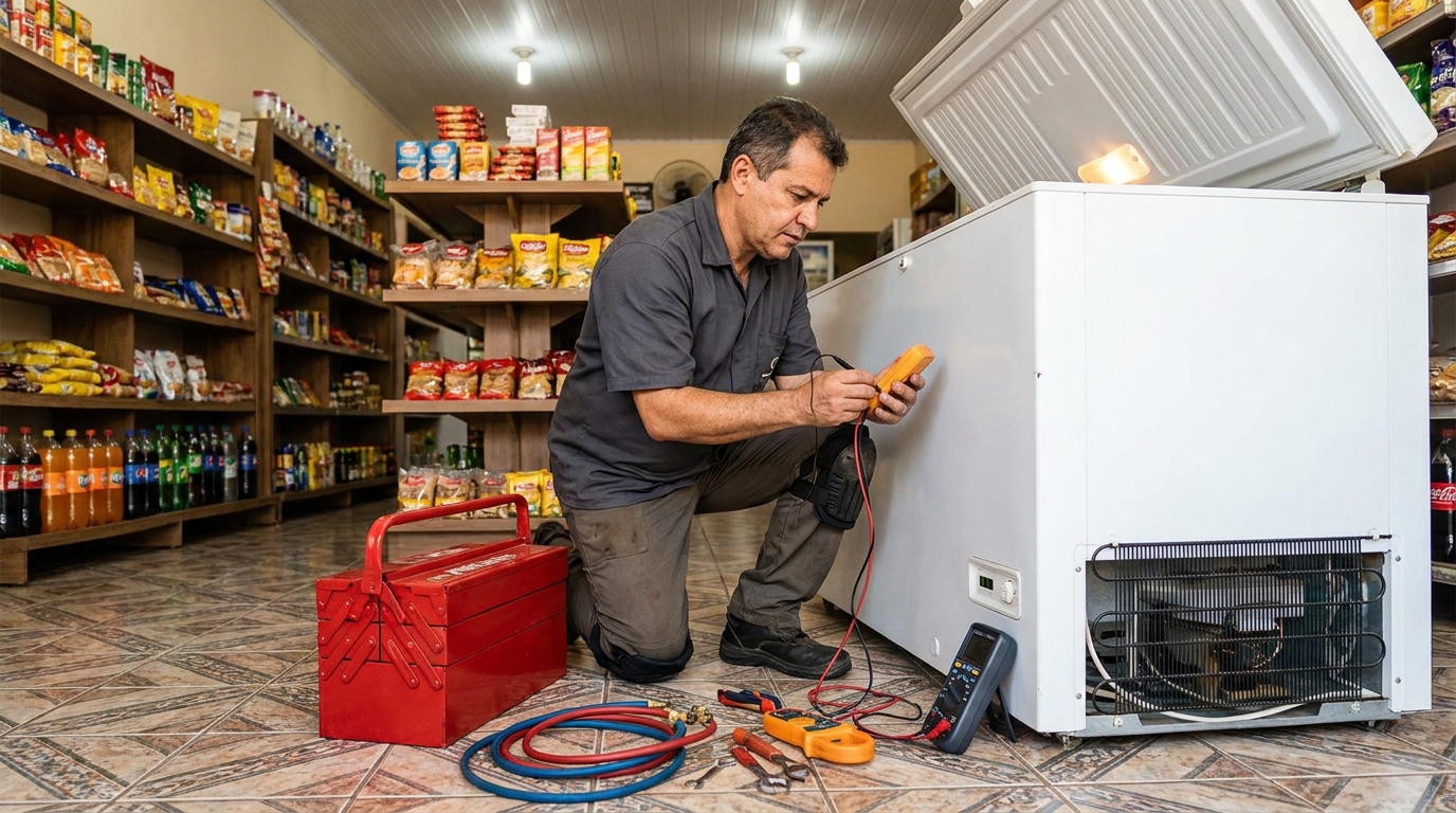 Manômetro conectado ao circuito durante recarga de gás de freezer no Dom Pedro II, Anápolis‑GO