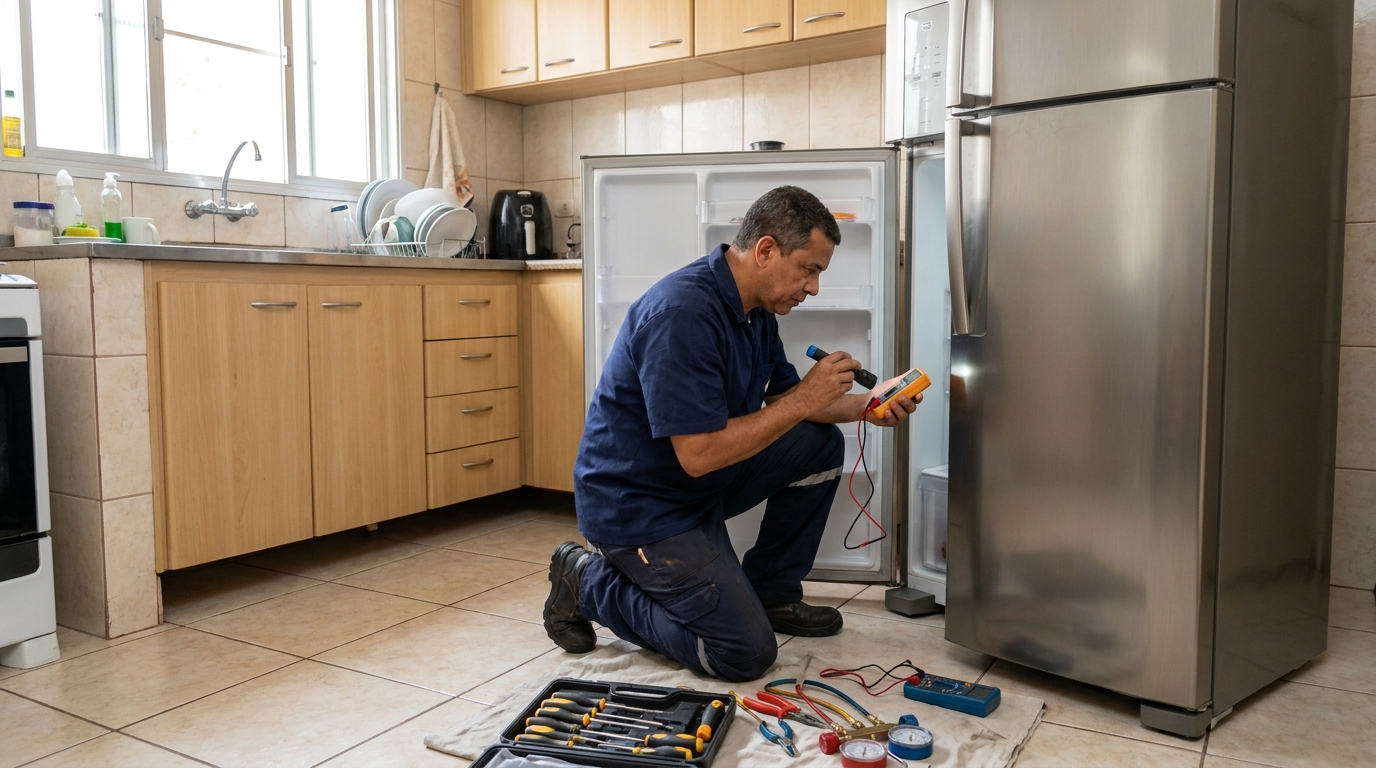 Técnico fazendo recarga de gás em geladeira de cliente na Vila Brasil, Anápolis‑GO
