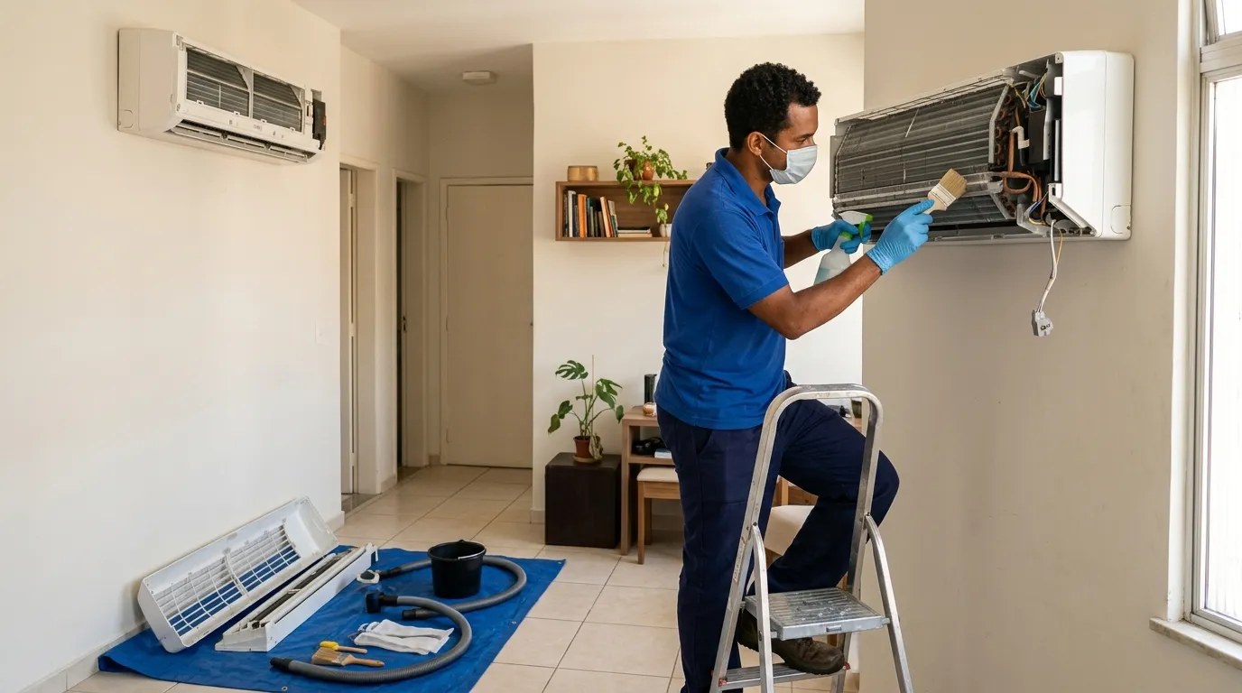 Técnico fazendo manutenção de ar-condicionado split em Anápolis‑GO