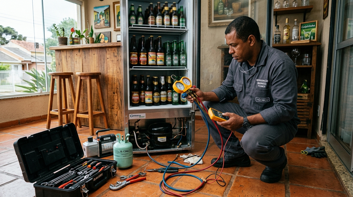 Técnico conferindo a temperatura de uma cervejeira durante atendimento no Conjunto Eldorado, Anápolis‑GO