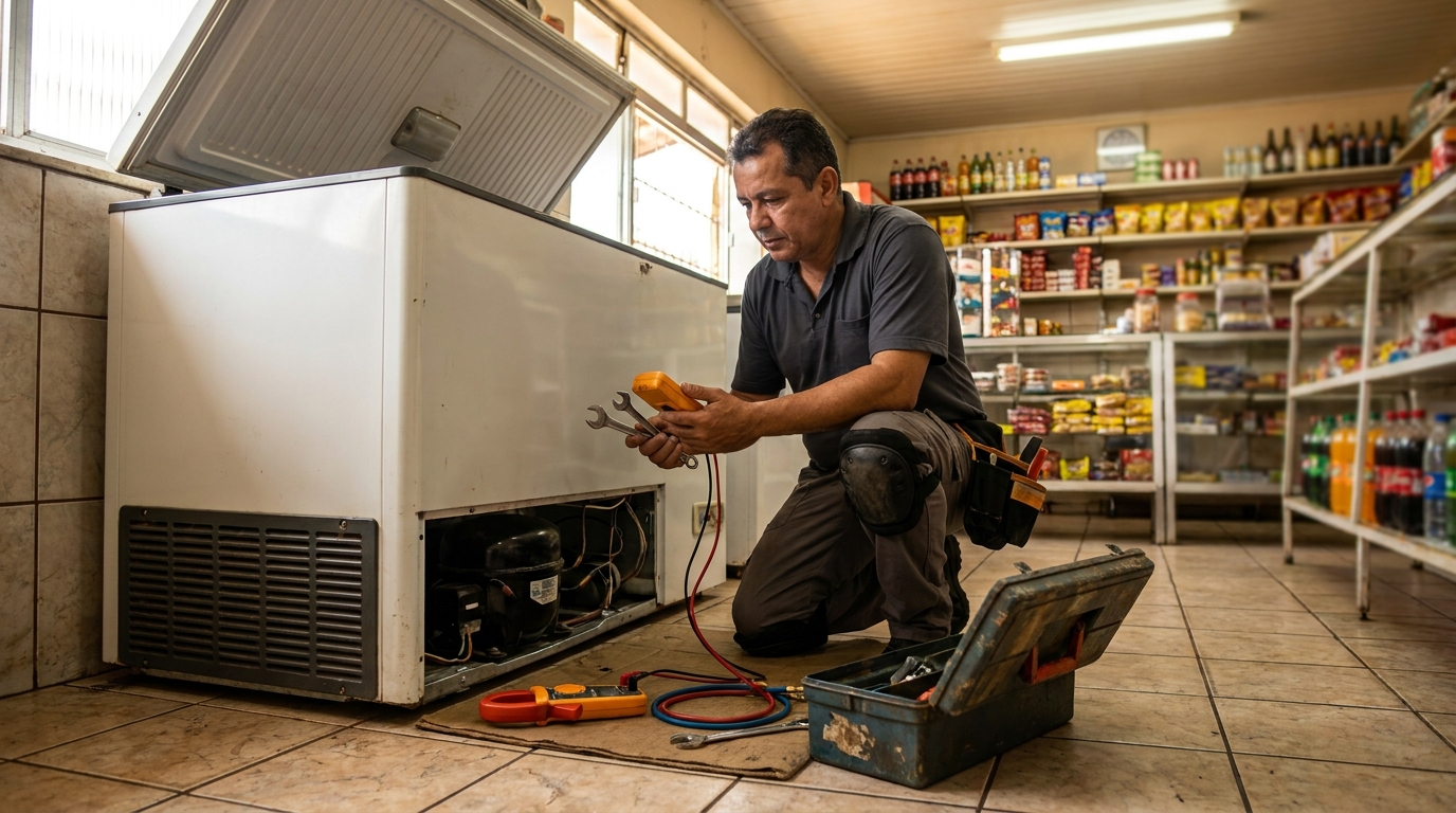 Técnico avaliando um freezer vertical durante atendimento no Dom Pedro II, Anápolis‑GO
