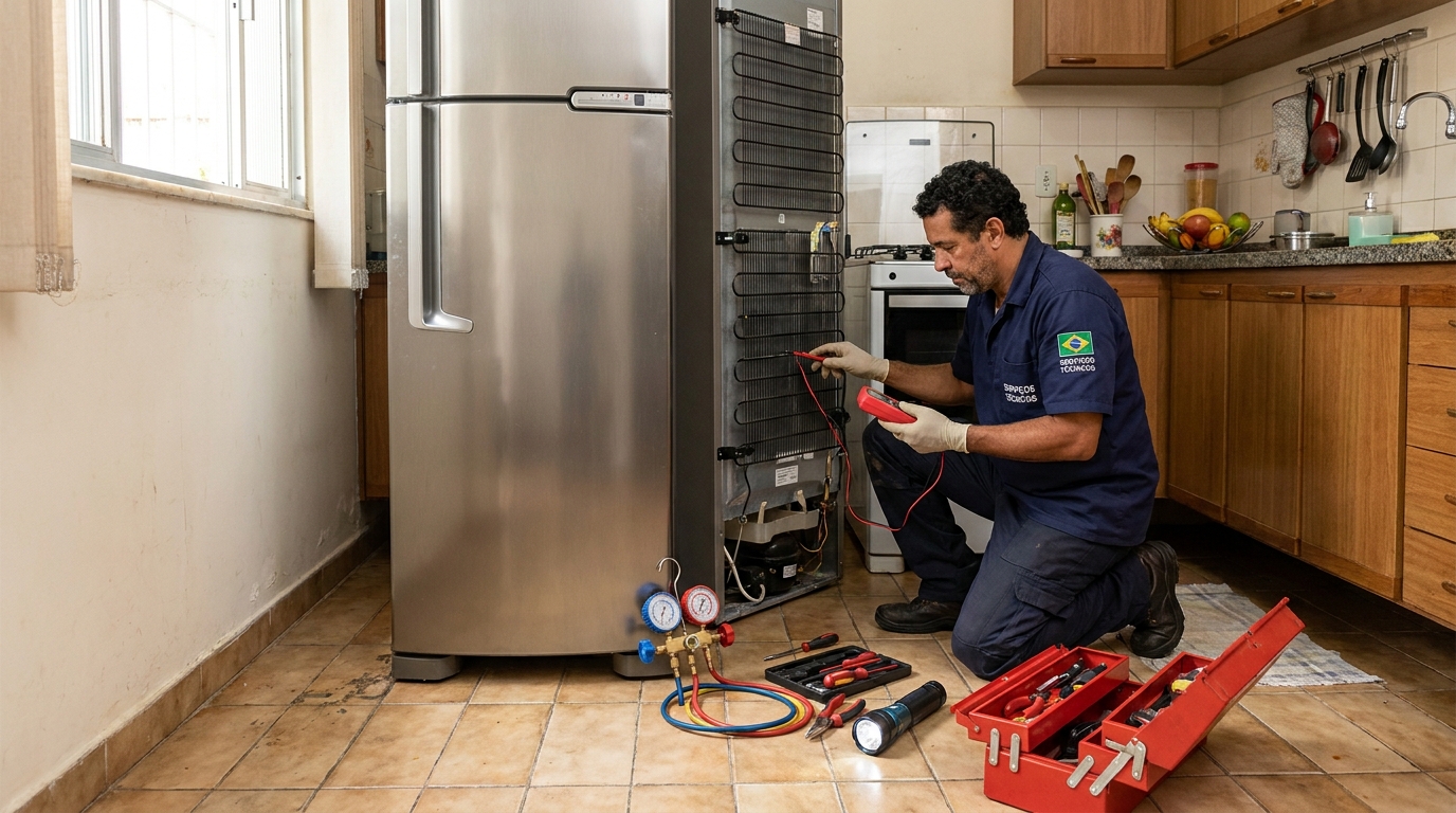 Técnico consertando uma geladeira na casa do cliente na Vila Brasil, Anápolis‑GO