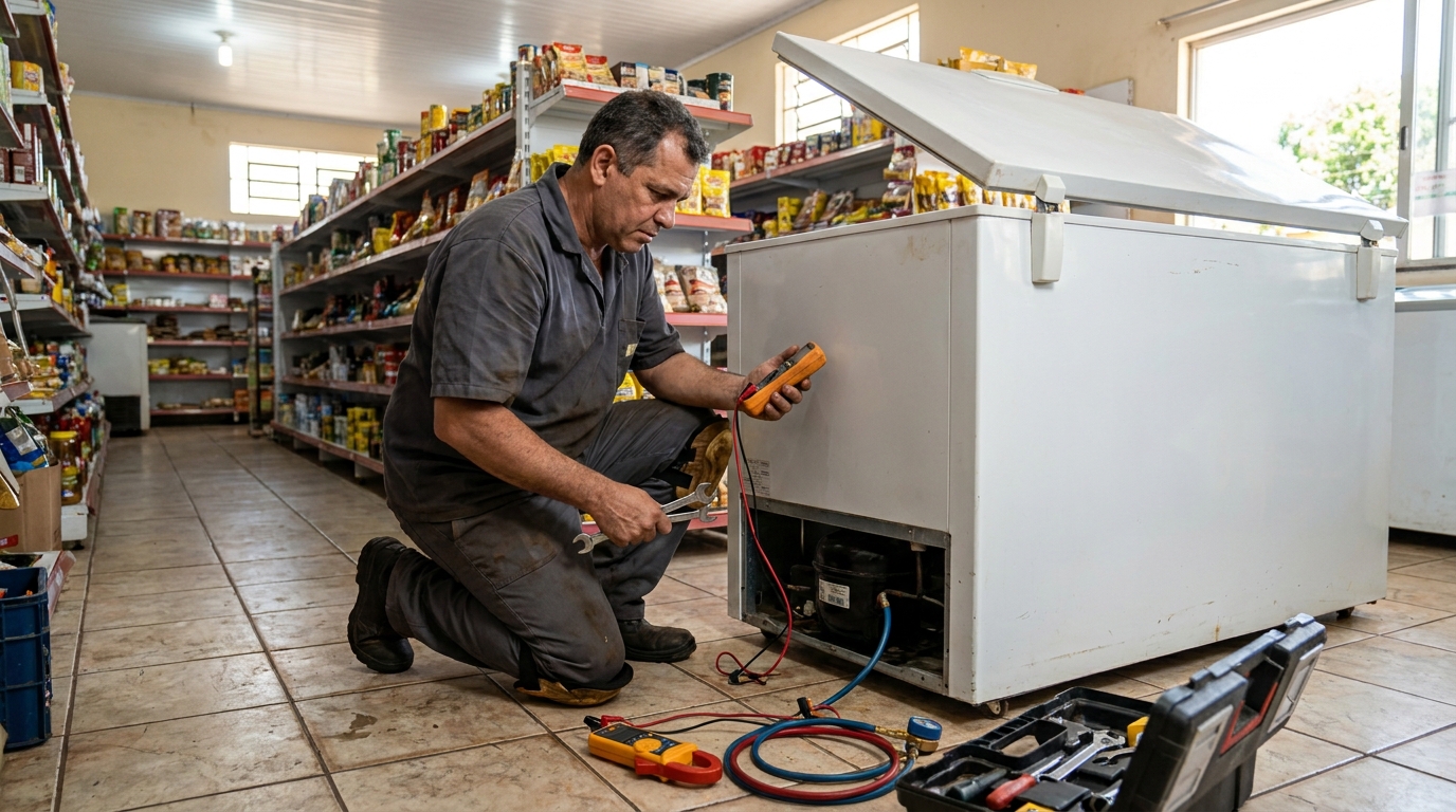 Substituição do termostato de um freezer durante visita técnica no Dom Pedro II, Anápolis‑GO